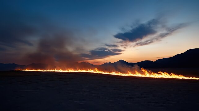Long line of intense fire burning across a dark landscape at twilight