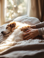 Obraz premium Dog owner provides gentle back massage to senior dog in cozy indoor setting during daytime