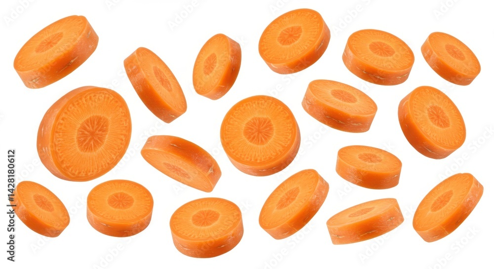 Poster a scattered array of sliced carrots floating against a plain white studio backdrop for food photogra