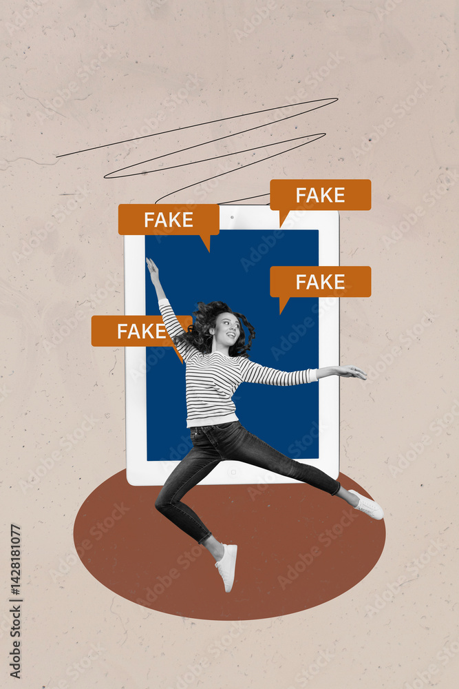 Poster image pop collage of person moving front gadget with fake news textbox on pastel background