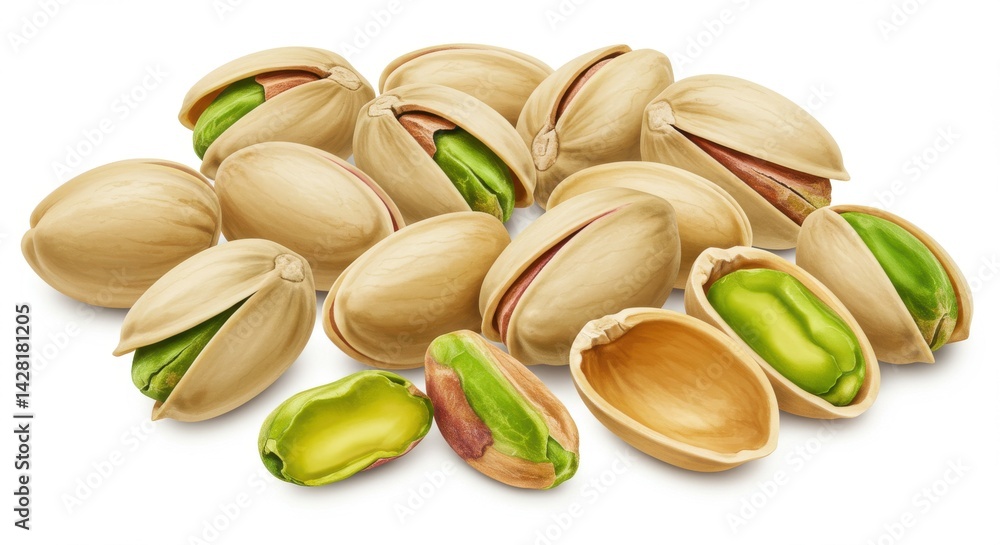 Poster a detailed close up of a pile of pistachios with some open on a white seamless background image shot