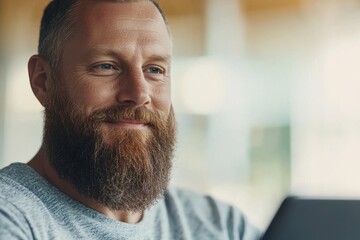Obraz premium Bearded Man Smiling Indoors with Casual Attire and Natural Lighting.