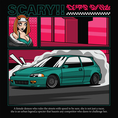 cute scary woman racing car illustration