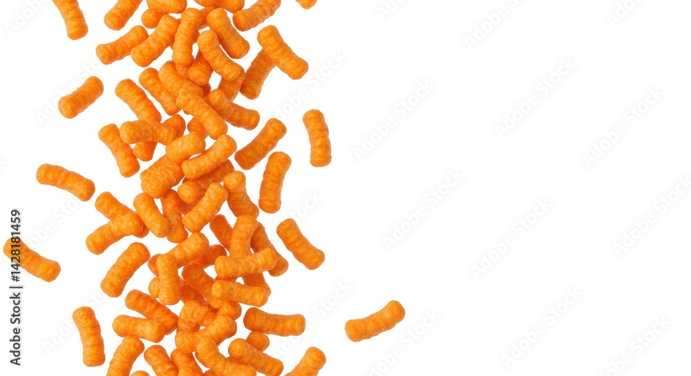Poster scattered cheese puffs on a white background creating a visual texture and negative space design