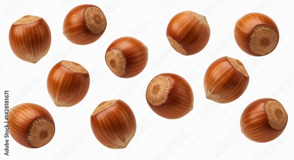 Poster a collection of eleven hazelnuts scattered on a plain white surface in a studio setting view