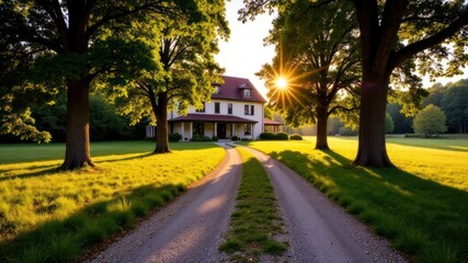 scenic country house with red roof, nestled between large trees on sunny day. tranquil rural landscape with path leading to home. real estate, nature retreat
