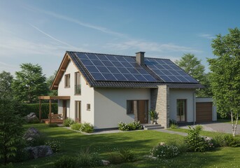 Obraz premium Solar-powered home amidst green surroundings.