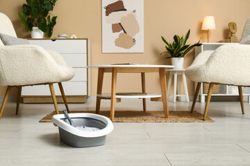 Scoop and litter box for cat on floor in living room