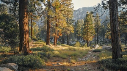 A serene forest path surrounded by sunlight and tall trees.