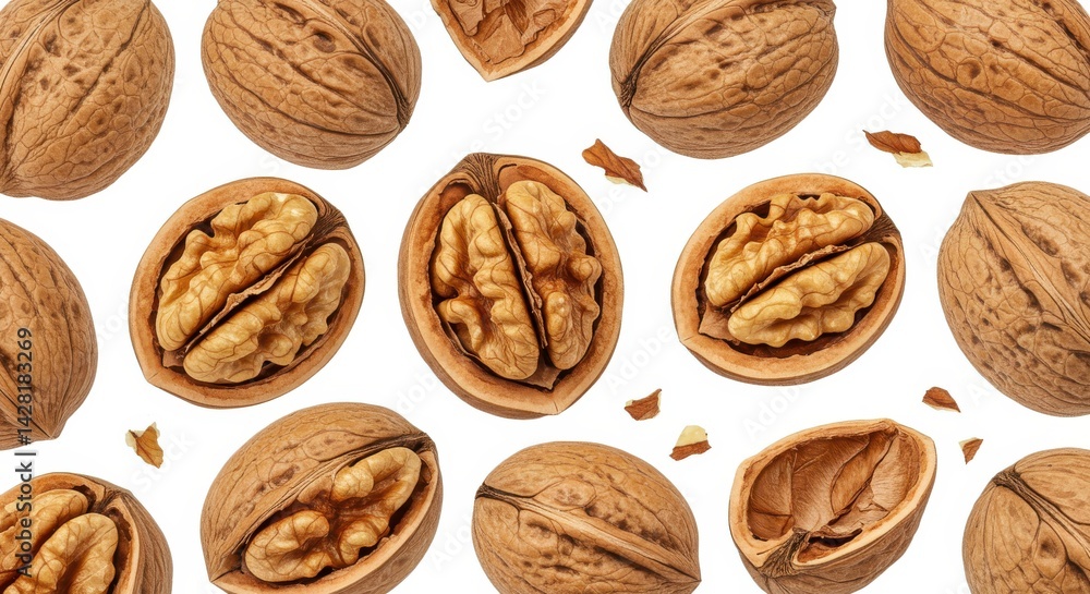 Aufkleber a seamless pattern of whole and halved walnuts scattered on a plain white background in a flat lay s
