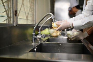Aspiring chefs washing fresh vegetables at a stainless steel sink