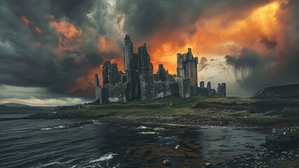 Fototapeta premium A dramatic castle ruin against a stormy, colorful sky.