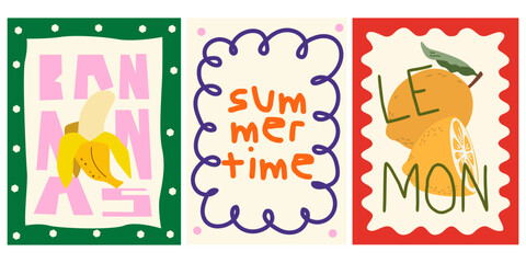 Abstract bright posters in retro style. Decor for wallpaper, walls and postcards. Juicy fruit vintage home decor. Summertime, banana, lemon. Summer vector illustration