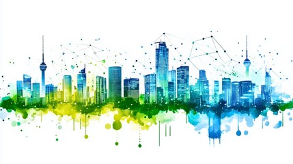 Green Building Illustration, Eco-Friendly Urban Growth, Ecological City Planning, Watercolor City Design, Sustainable Future City, Green Technology Skyline, Eco-Friendly City Concept Art, Ecological 