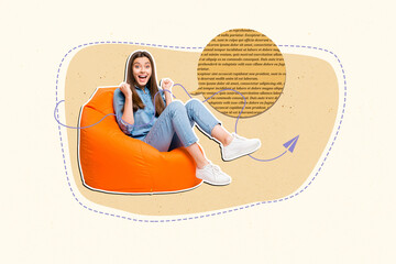 Art image creative photo collage of happy girl guy receive notification dialogue chatting icon...