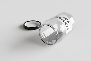 Empty open glass jar with a label written with the words PENSION POT laying on a white background. Illustration of the concept of retirement pension fund crisis