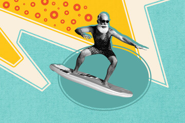 Creative pop poster sketch art collage of happy old man stand surfboard balance beach wave summer activity vacation relax