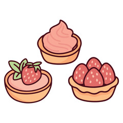 Collection of mini tarts and cream desserts topped with fresh strawberries. Delicious bakery treats with sweet fruit flavor