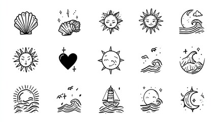 Abstract tattoo vector set with seashells, waves, and sun doodles 
