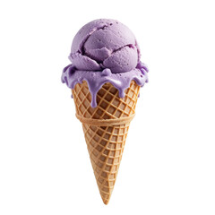 Creamy purple ice cream in waffle cone, melting slightly, evokes sense of indulgence and sweetness. Perfect for hot day or special treat.