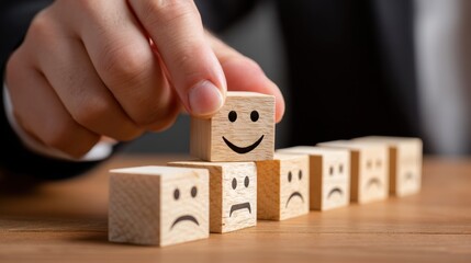 A hand places a smiling block on top of several blocks with various facial expressions, symbolizing emotional well-being and positivity in a workplace or personal context.