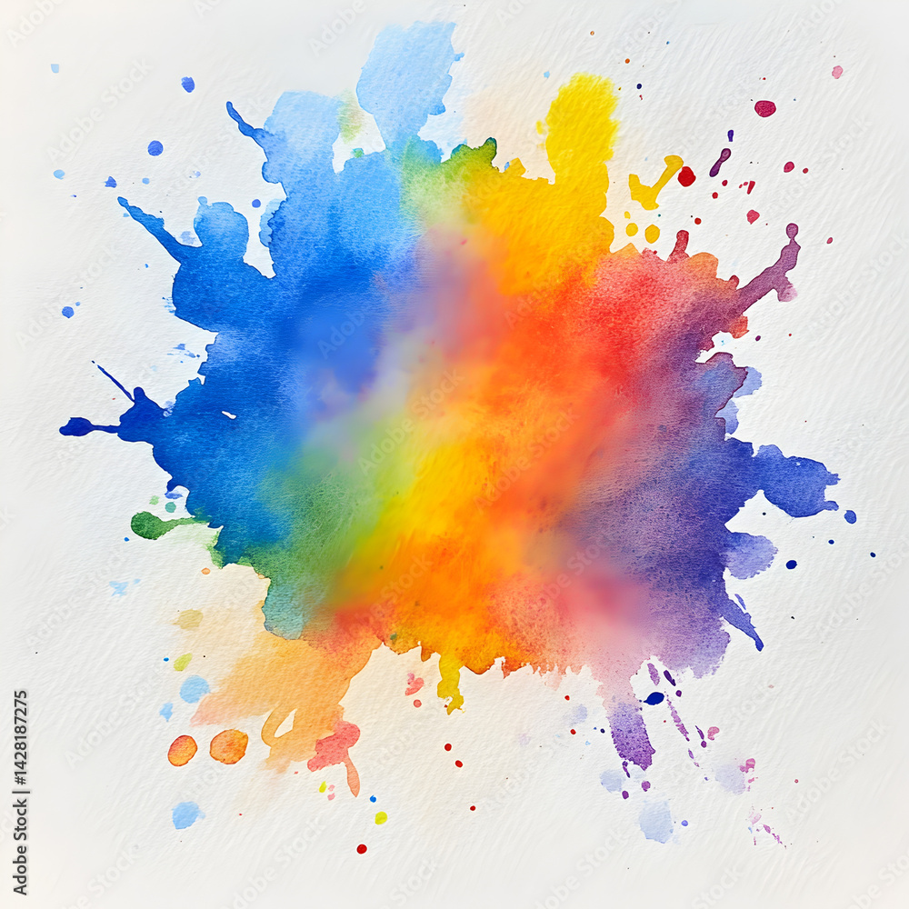 Poster chromatic fusion: a vivid watercolor splash explodes across the canvas, blending a spectrum of color