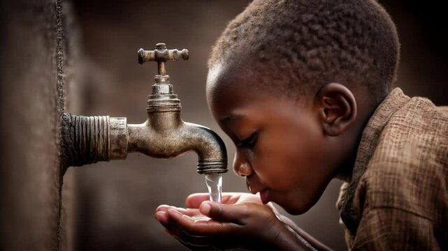 African Child Drinking Clean Water from a Tap Thirst Relief