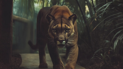 A Florida panther walking toward the camera, displaying its graceful yet commanding presence.

