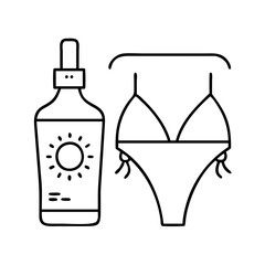 sunscreen bottle beside a bikini icon, sunscreen bottle beside a bikini line art - simple line art of sunscreen bottle beside a bikini, perfect for sunscreen bottle beside a bikini logos and icons