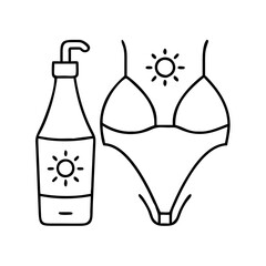 sunscreen bottle beside a bikini icon, sunscreen bottle beside a bikini line art - simple line art of sunscreen bottle beside a bikini, perfect for sunscreen bottle beside a bikini logos and icons