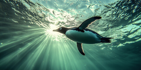 Obraz premium Group of penguins in snow Arctic environment. World penguin day