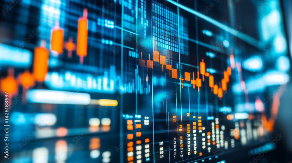 Poster stock market analysis with colorful graphs and data visualizations showcasing financial trends and i