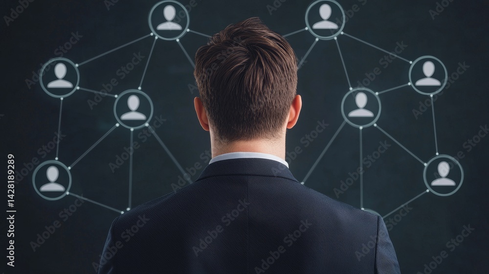 Poster man observing a network of connected user icons behind him.