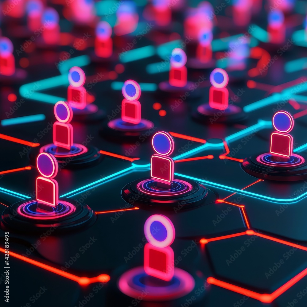 Aufkleber digital network with glowing user icons on a dark background.