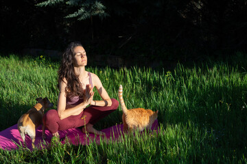 Woman practicing yoga outdoors with pets in a peaceful setting