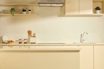 Modern and fully equipped kitchen with large counter and long dining table. Kitchen utensils such...