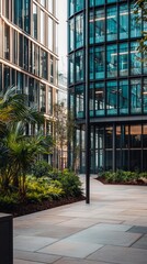 Obraz premium A modern office courtyard with lush greenery and sleek glass architecture. The interplay of nature and design creates a refreshing workspace. Urban serenity defined. Generative AI