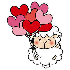 ハートの赤い風船の束を持っている羊