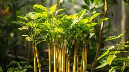 Obraz premium Young plants basking in sunlight, showcasing vibrant green leaves.