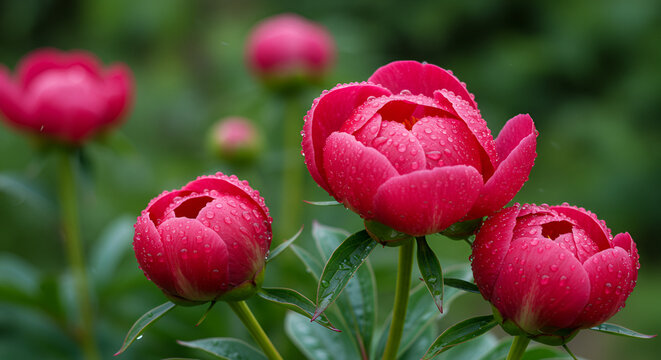 Morning Dew On Newly Bloomed Peonies
