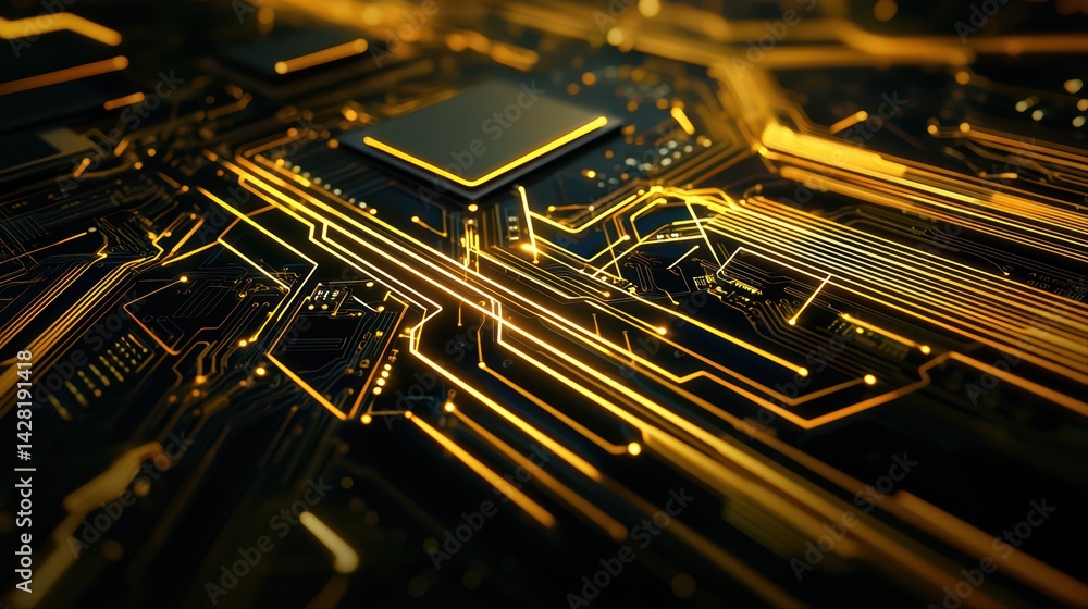 Poster abstract circuit board design with glowing gold lines and patterns