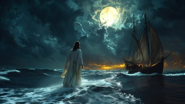 Jesus Christ Walking on Water Dramatic Night Scene Faith Spirituality Religious Art