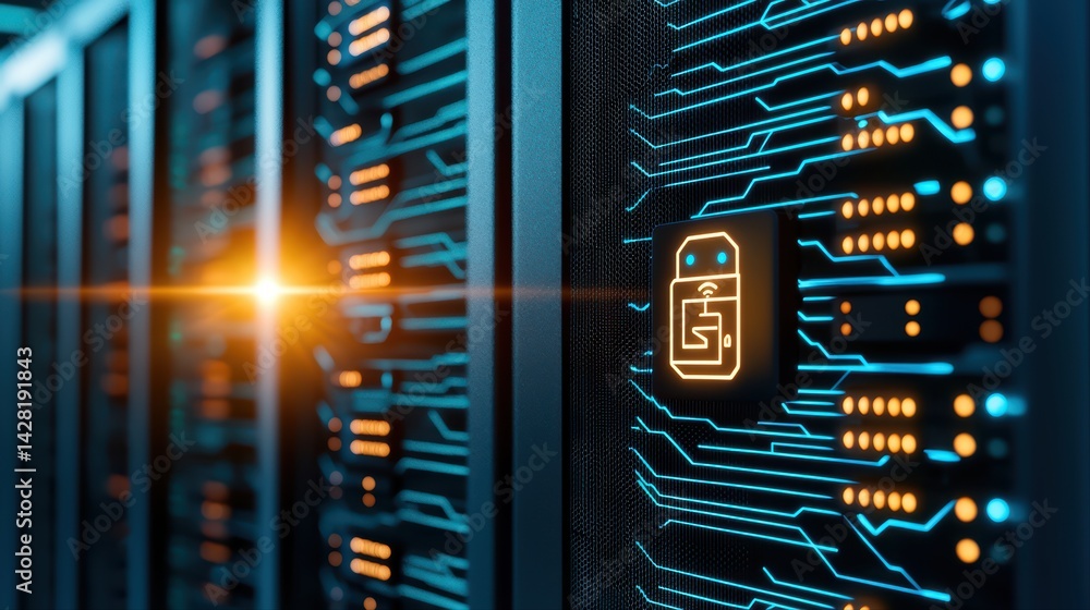 Poster high-tech data center with glowing security and circuit patterns