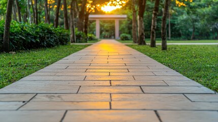 Obraz premium Serene Pathway Leading to Archway Under Soft Sunset Light