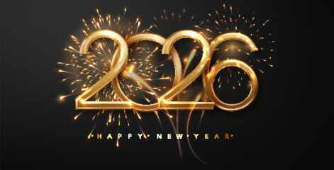 New Year Fireworks and Golden Numbers 2026 on Dark Background. Celebration New Year's Eve. Golden Fireworks on dark Night Sky