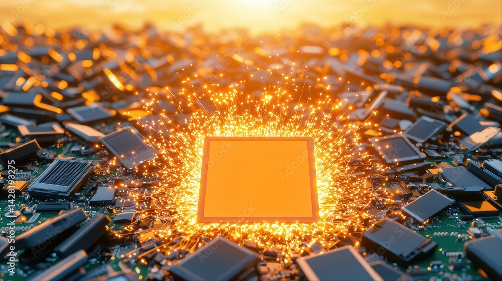 Poster spark of technology with microchips and circuit board concept