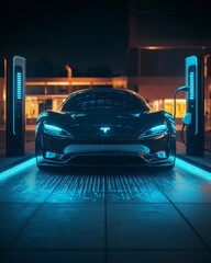 Sleek Black Electric Car Charging at Night Futuristic Station