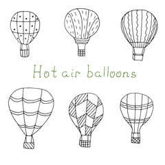 Hot air balloons, set, hand drawing, vector illustration