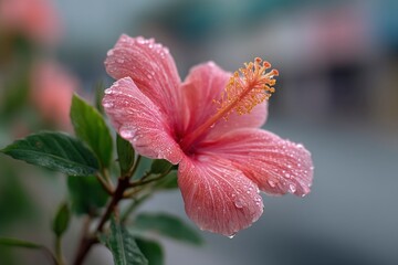 Fototapeta premium Pink Hibiscus Flower with Water Droplets