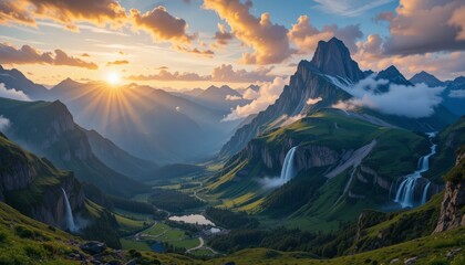 Obraz premium Majestic Mountain Valley Sunset Landscape with Waterfalls